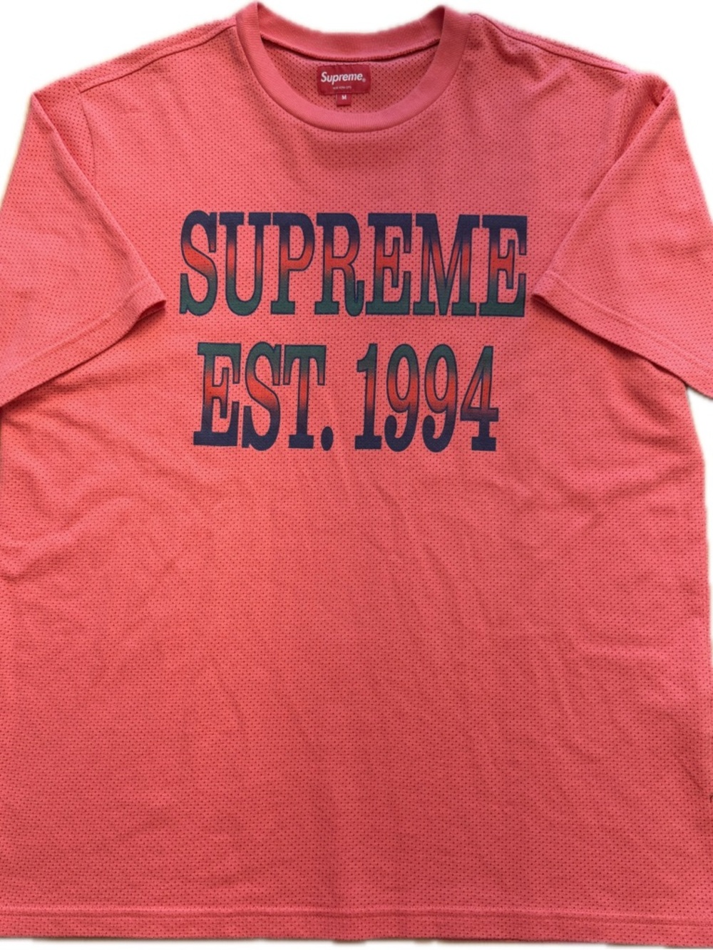 Supreme Coral Short Sleeve Tee with Navy 'SUPREME EST. 1994' Graphic
